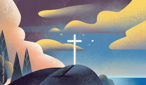 Easter resurrection concept with glowing white cross on a rocky hill at sunrise. Peaceful Christian landscape illustration conveying faith, hope, and spiritual salvation.