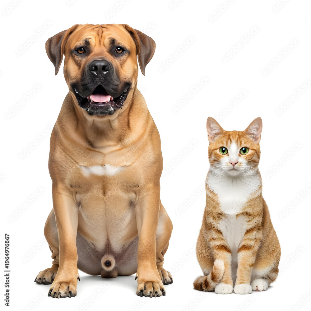Fototapeta premium Large tan dog and orange cat sitting side by side animal