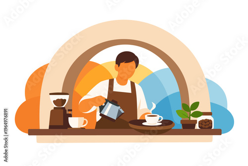 Barista making coffee at a coffee shop counter.