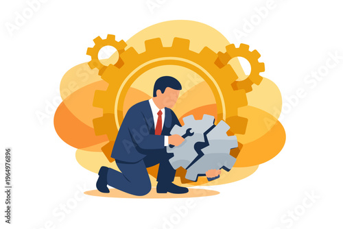 Businessman examining broken gear mechanism symbolizing business failure.