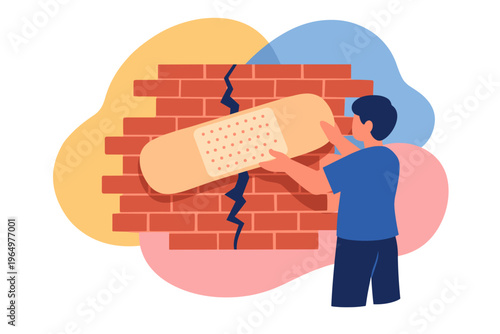 Person applying bandage to cracked brick wall illustration.