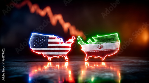 Geopolitical Clash: A stylized depiction of the United States and Iran, their borders illuminated, symbolizing their complex relationship and geopolitical dynamics.