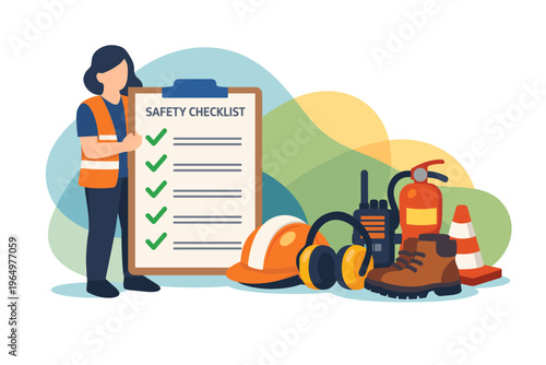 Woman holding safety checklist with equipment.