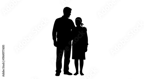 Silhouette of man and child standing together.