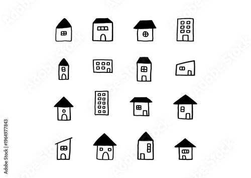 屋根が黒い家やビルのシンプルでコンパクトな手描きのアイコンセット