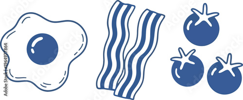 Simple Blue of Fried Egg, Bacon Strips, and Tomatoes
