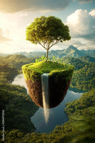 Floating Island Ecosystem with Tree and Waterfall in Lush Landscape