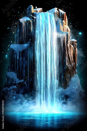 Ethereal Ice Waterfall with Luminous Glow in Dark Fantasy Scene