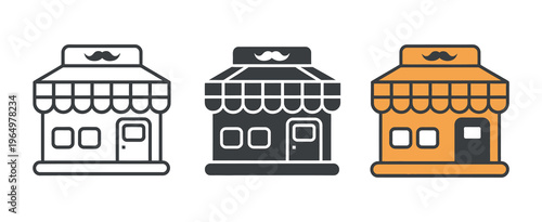 Barbershop and mens hair salon icons featuring storefront symbol with mustache signage for grooming service male beauty parlor haircut business vector illustration clean flat design