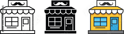 Barbershop and mens hair salon icons featuring storefront symbol with mustache signage for grooming service male beauty parlor haircut business vector illustration clean flat design