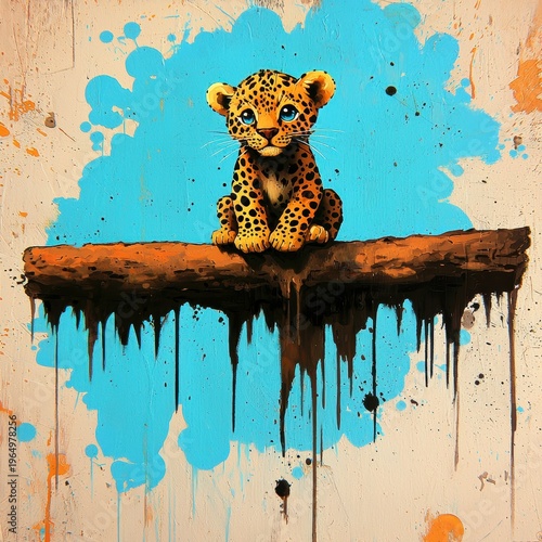 Cute Baby Leopard Illustration with Vibrant Paint Splatter Background