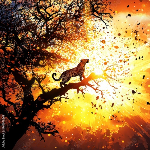 Majestic Leopard Silhouette on Branch at Golden Sunset Illustration