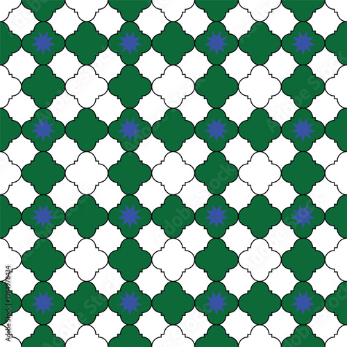 Seamless Green And White Geometric Pattern With Blue Star Accents
