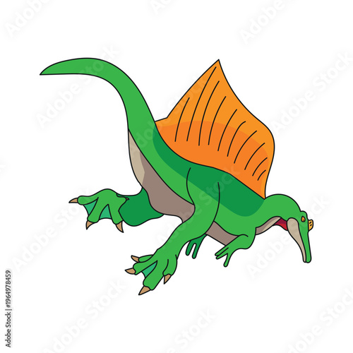 Flat vector illustration of a green spinosaurus. Modern character design for prehistoric wildlife themes, children's education, paleontology mascots, and nature graphic projects