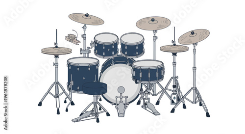 Complete Drum Kit with Cymbals and Stool, Studio Music Instrument Illustration