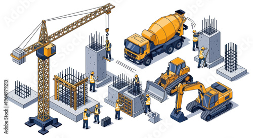 Construction Site with Crane, Mixer Truck, Excavator and Workers - Isometric View