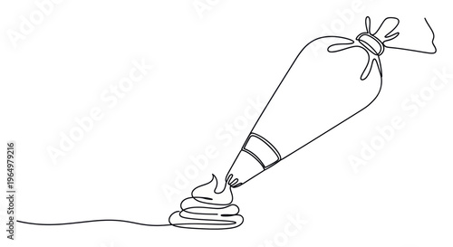 Continuous line drawing of a pastry bag piping cream on a white background