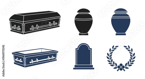 Funeral Objects: Coffin, Urn, Gravestone, Laurel Wreath Icons