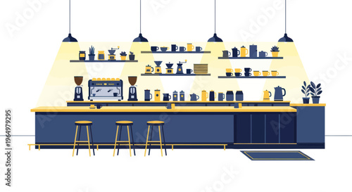 Modern coffee shop interior with espresso machine, bar, and stools