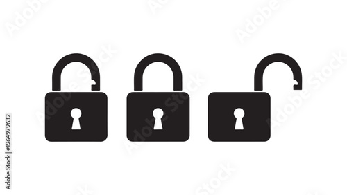 Three black padlocks in different states of security