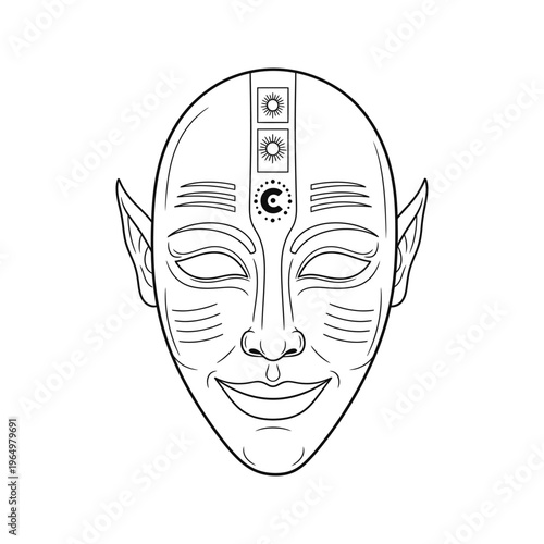 black and white line art of a smiling buddhist or hindu deity face