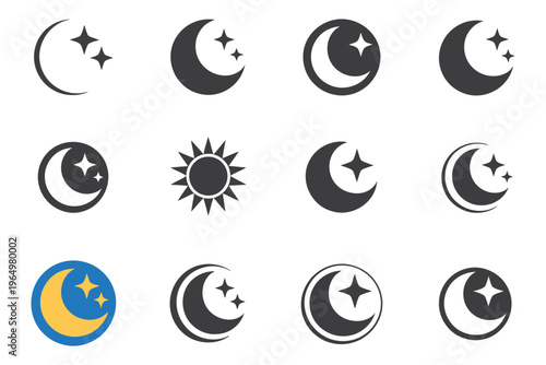 Astronomy and stargazing icon set design featuring crescent moon and stars with harmonious logo variations of emblematic celestial concept clean minimal vector style