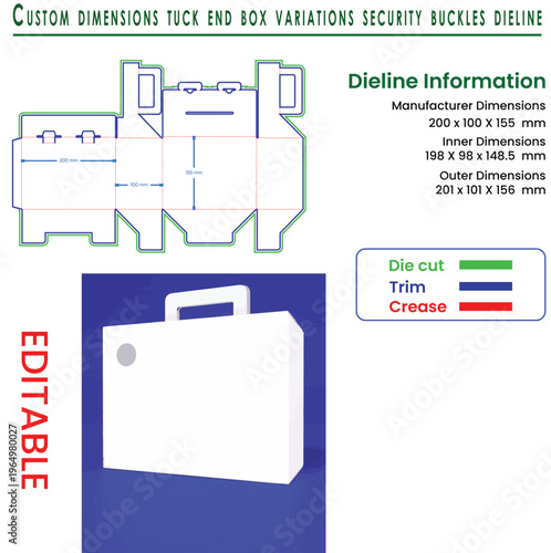 Custom Tuck End Box Dieline with Security Buckles and Dimensions packaging die line