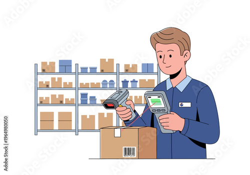 Warehouse worker scanning package with barcode reader and inventory management device in a storage facility