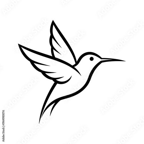 Simple black and white line drawing of a hummingbird in flight