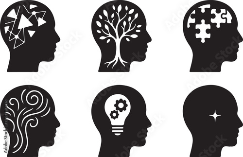 Autism Awareness Silhouette Collection, Neurodiversity Vector Art, Inclusion and Special Needs Black Graphics, Puzzle Piece Logo Design Elements