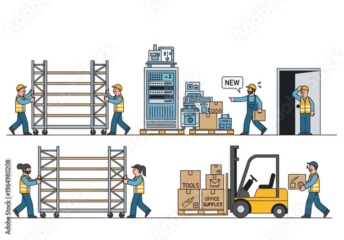 Logistics and warehouse operations Forklift moving boxes and workers assembling shelves