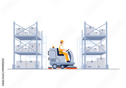 Warehouse cleaning machine with operator driving through aisles of stacked boxes