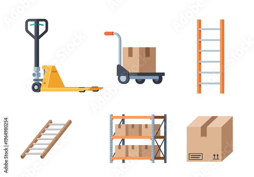 Set of warehouse equipment and moving supplies including a pallet jack, trolley, ladder, and storage rack