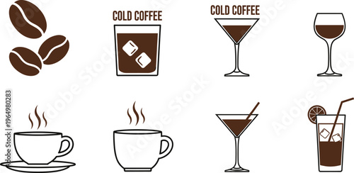 Professional coffee and cafe beverage vector set featuring coffee beans, espresso cups, cold brew glasses, and coffee cocktails for restaurant menus, barista branding, and coffee shop marketing materi