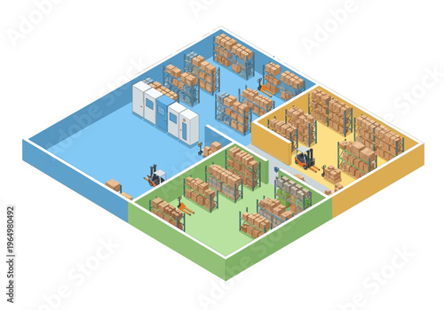 Isometric aerial view of a modern warehouse interior with organized shelving, forklifts, and loading docks