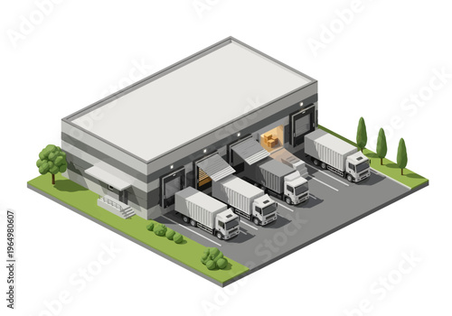 Industrial warehouse with trucks loading and unloading goods for logistics and delivery