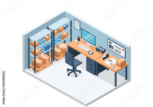 Compact home office with storage shelves and desk organized for productivity and convenience