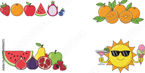 Summer lifestyle and exotic fruit icon set featuring dragon fruit, pomegranate, figs, and smiling sun mascot flat vector illustration