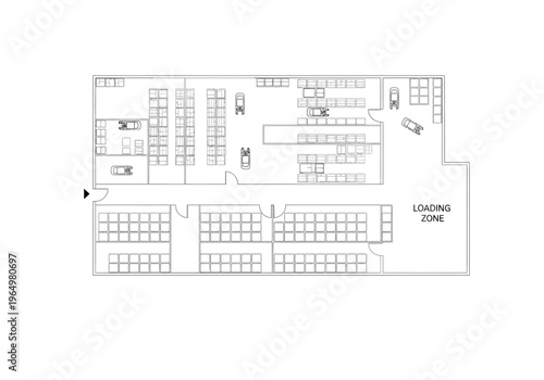 Top-down floor plan of a warehouse with loading dock and inventory shelving