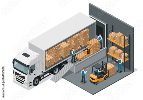 Logistics and warehouse operations with delivery truck and forklift unloading cargo