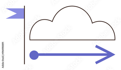 Cloud computing, data sharing, information flow, digital transformation, internet services, communication. A cloud with an arrow and a flag element. Cloud computing and data sharing