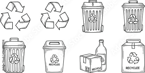 Recycling and Waste Management Icon Set with Bins, Bottles, Cartons, and Recycle Symbols in Hand Drawn Style.