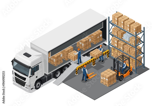 Logistics and Supply Chain Operations Warehouse Loading and Unloading with Forklifts and Trucks