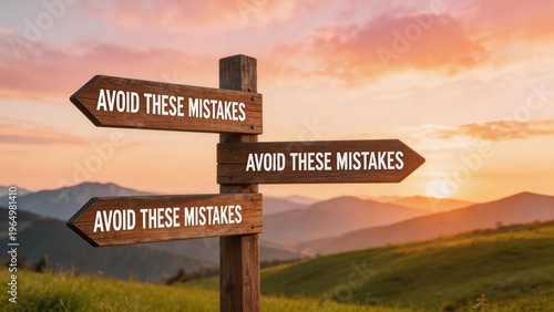 Wooden signpost with avoid these mistakes in mountain landscape