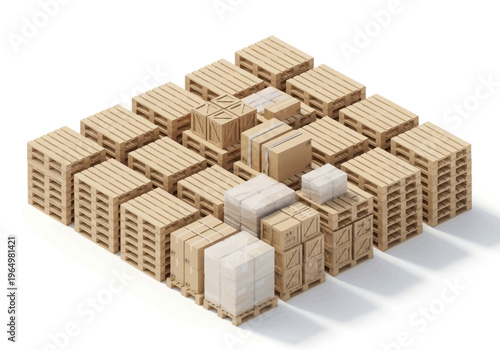 Isometric view of stacked wooden pallets and boxes representing logistics and storage solutions