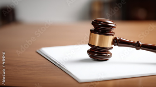 Gavel and Paper: Close-up of a gavel resting on a stack of blank paper, set against a blurred background, suggesting justice and legal processes.