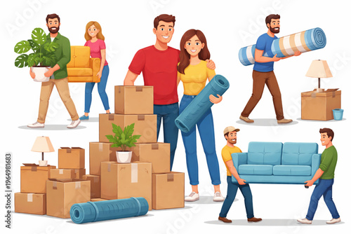 Family moving into a new home with boxes and luggage