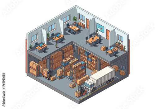 Isometric warehouse interior with offices, storage shelves, forklift, and delivery truck loading