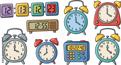 Set of colorful hand drawn alarm clocks and digital timers in a playful doodle style for morning routine design