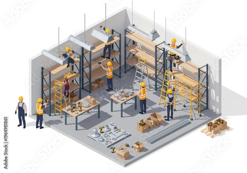 Warehouse construction and assembly of shelving units with workers and tools